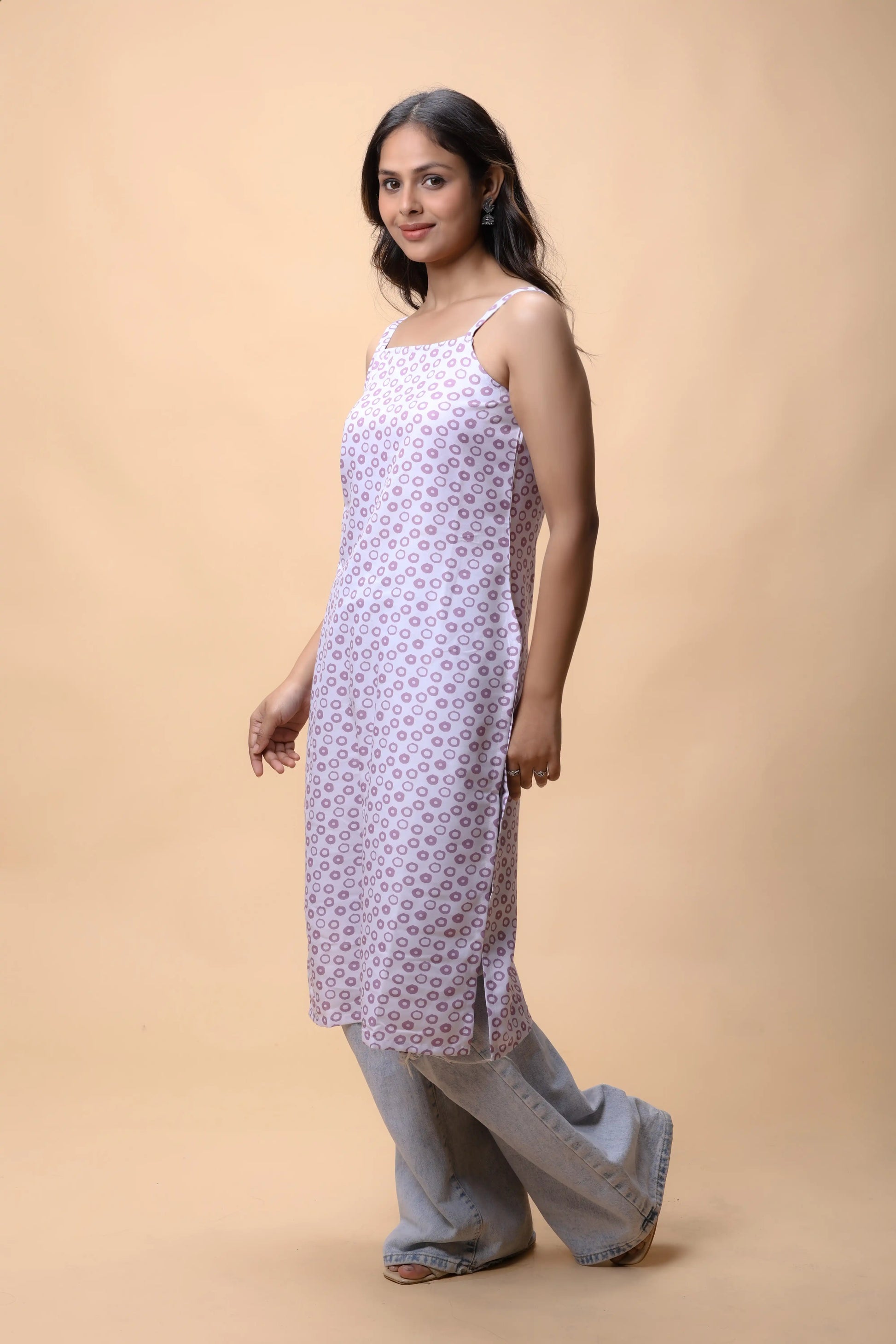 shop Purple Basic Strap Printed Long Kurta For Women online at allthere.in