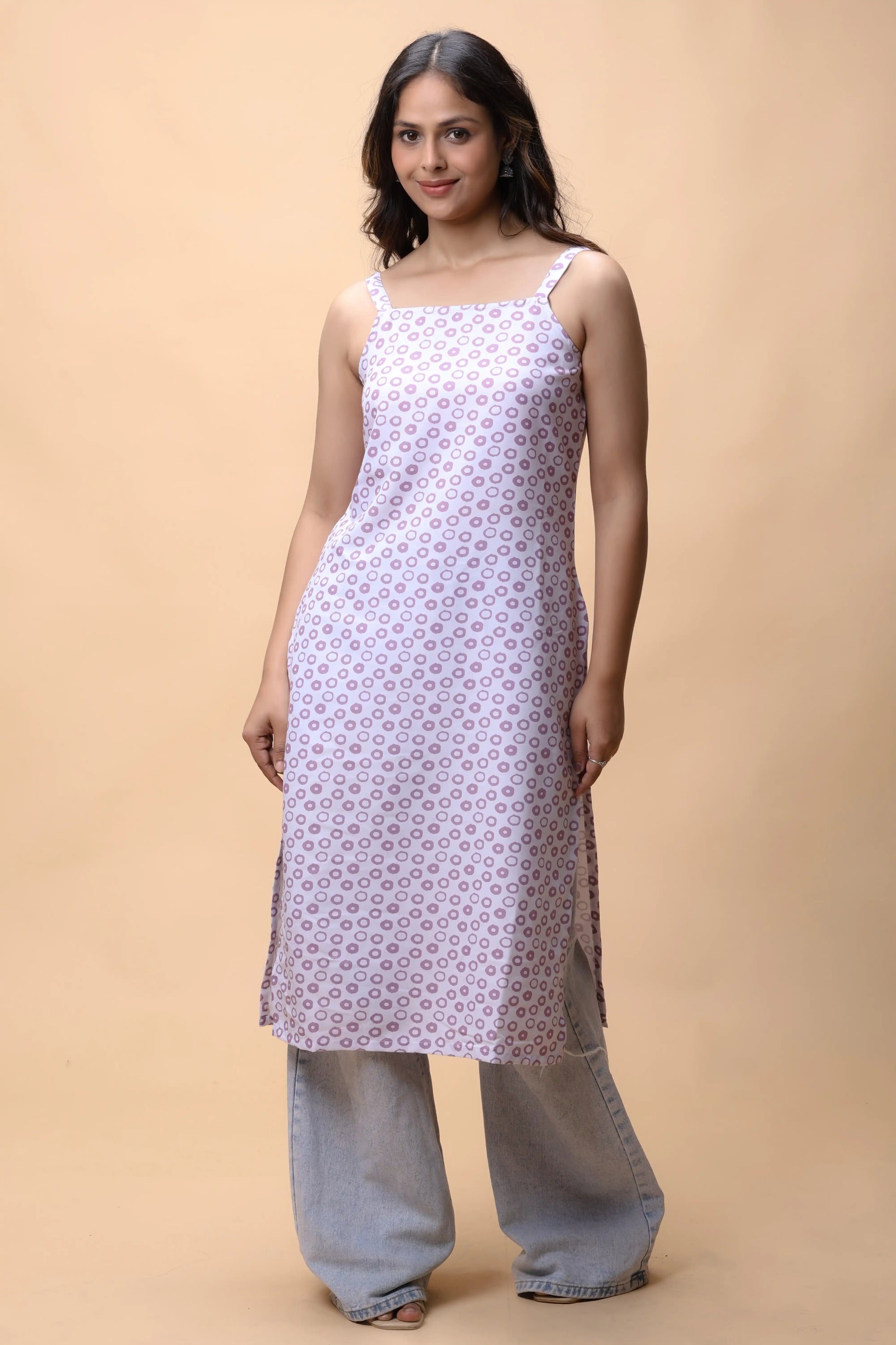 shop Purple Basic Strap Printed Long Kurta For Women online at allthere.in
