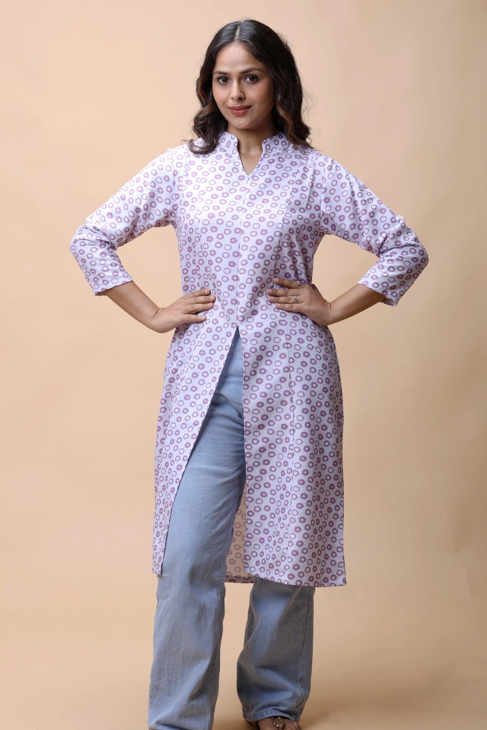 shop Purple Printed Front Slit Long Kurta For Women online at allthere.in