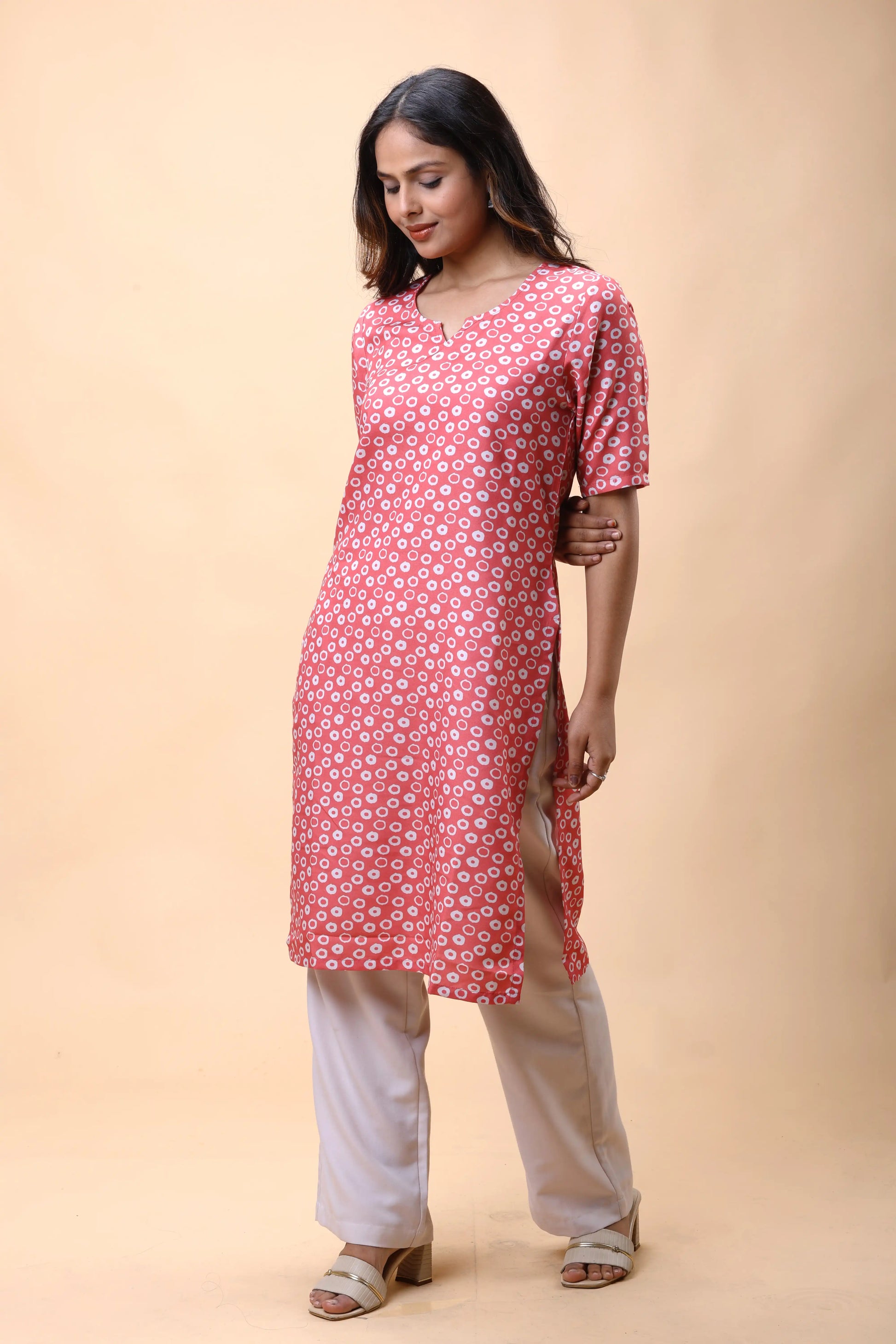 Shop Rose Pink Long Kurta Set for Women with Notch Neckline online at allthere.in