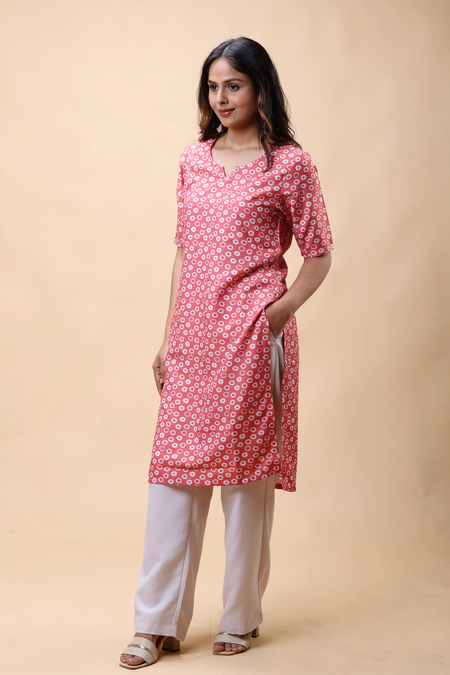 Shop Rose Pink Long Kurta Set for Women with Notch Neckline online at allthere.in