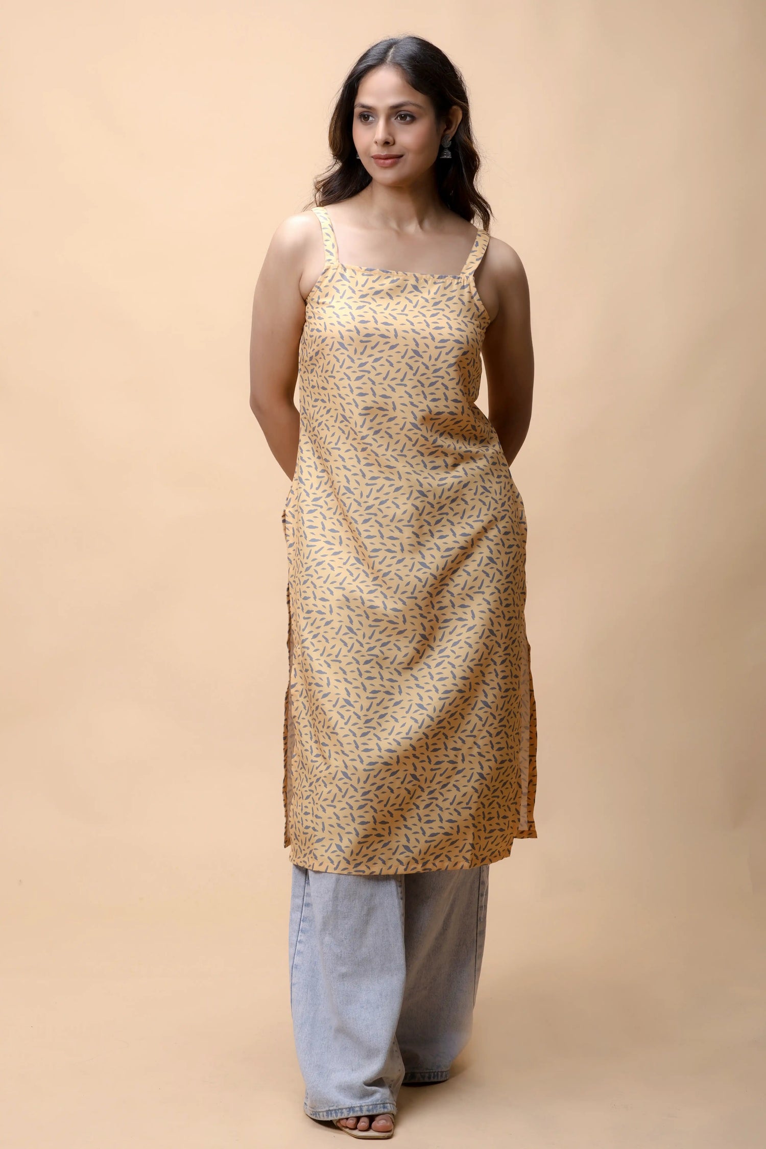 shop Yellow Basic Strap Printed Long Kurta For Women online at allthere.in