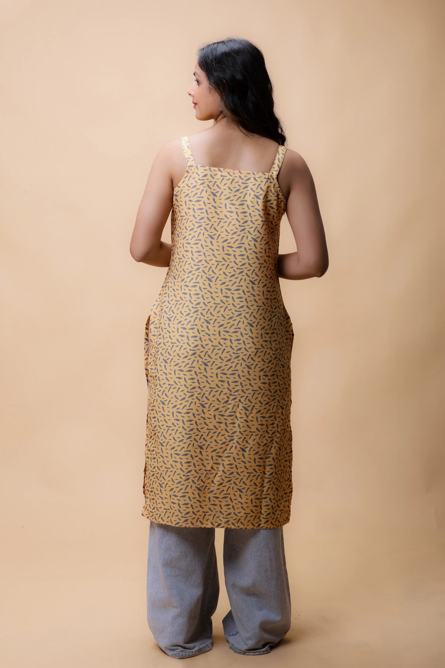 shop Yellow Basic Strap Printed Long Kurta For Women online at allthere.in