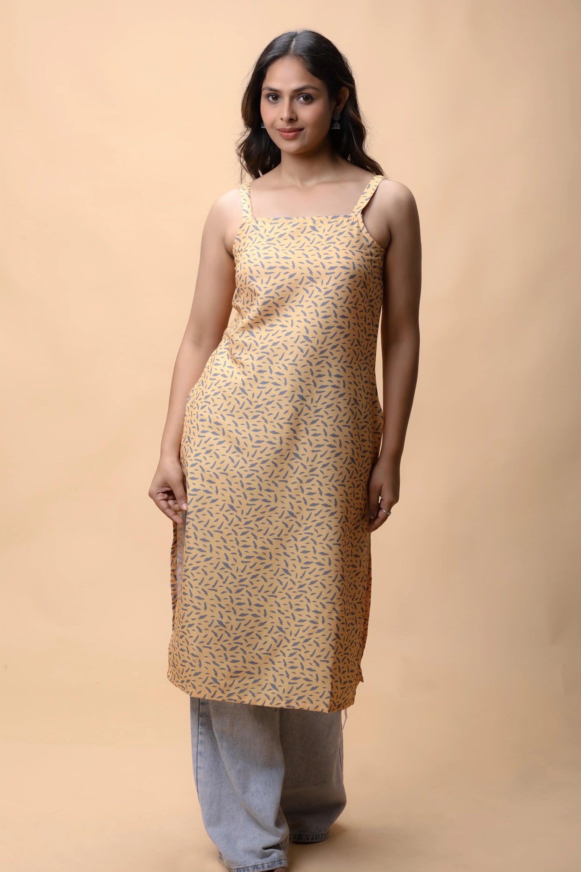 shop Yellow Basic Strap Printed Long Kurta For Women online at allthere.in
