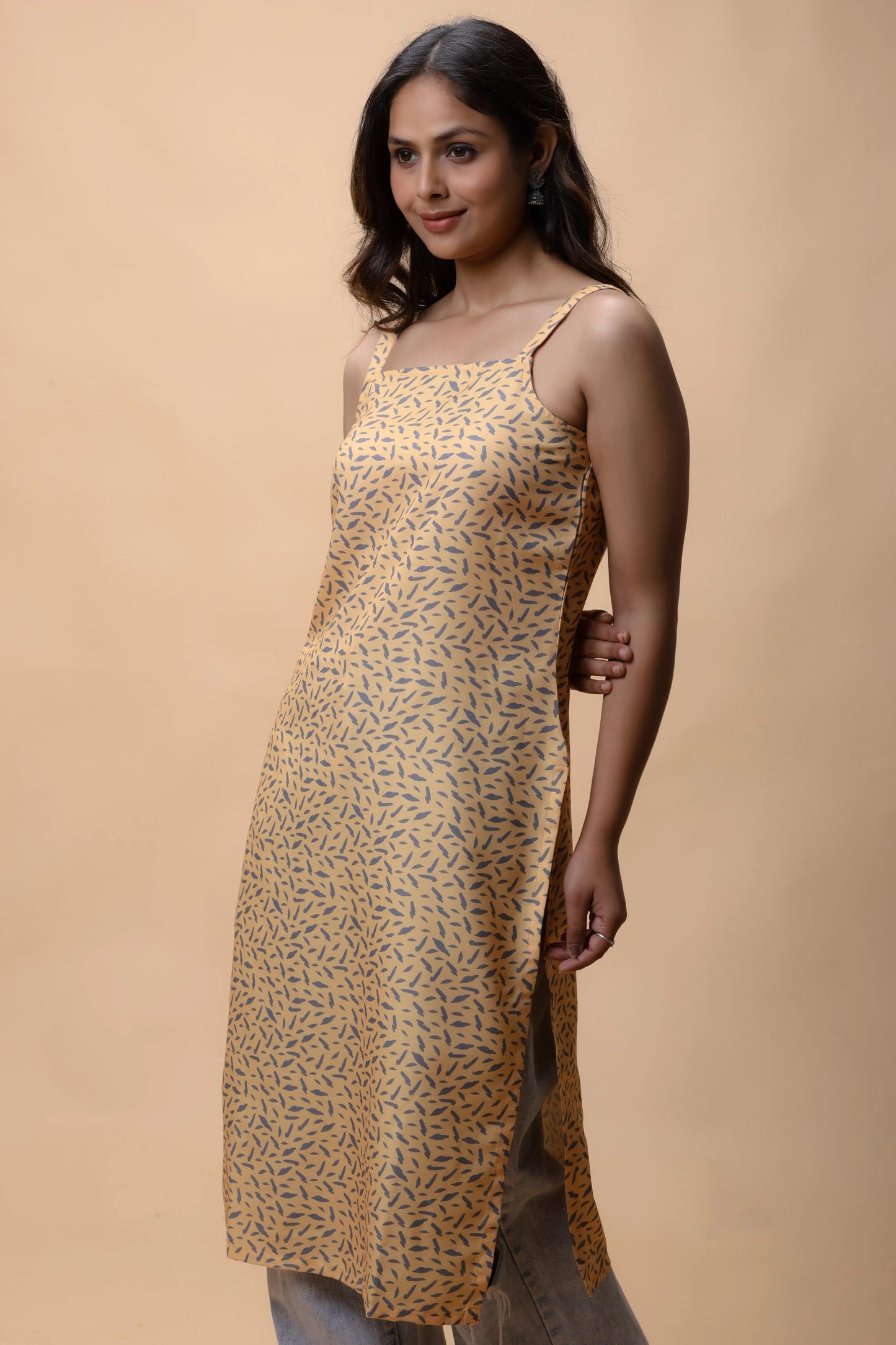 shop Yellow Basic Strap Printed Long Kurta For Women online at allthere.in
