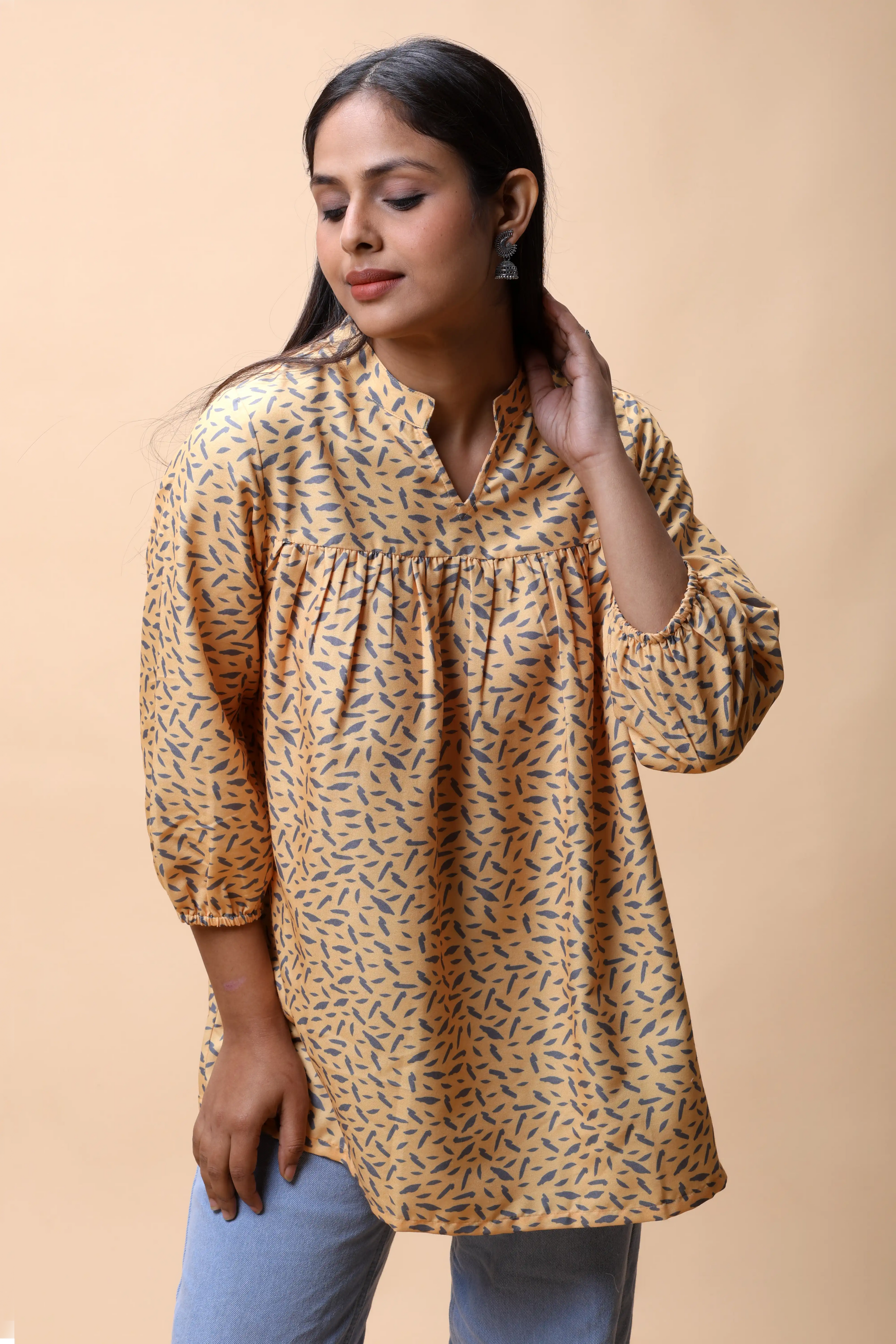 shop Yellow Empire Line Printed Short Kurti For Women online at allthere.in