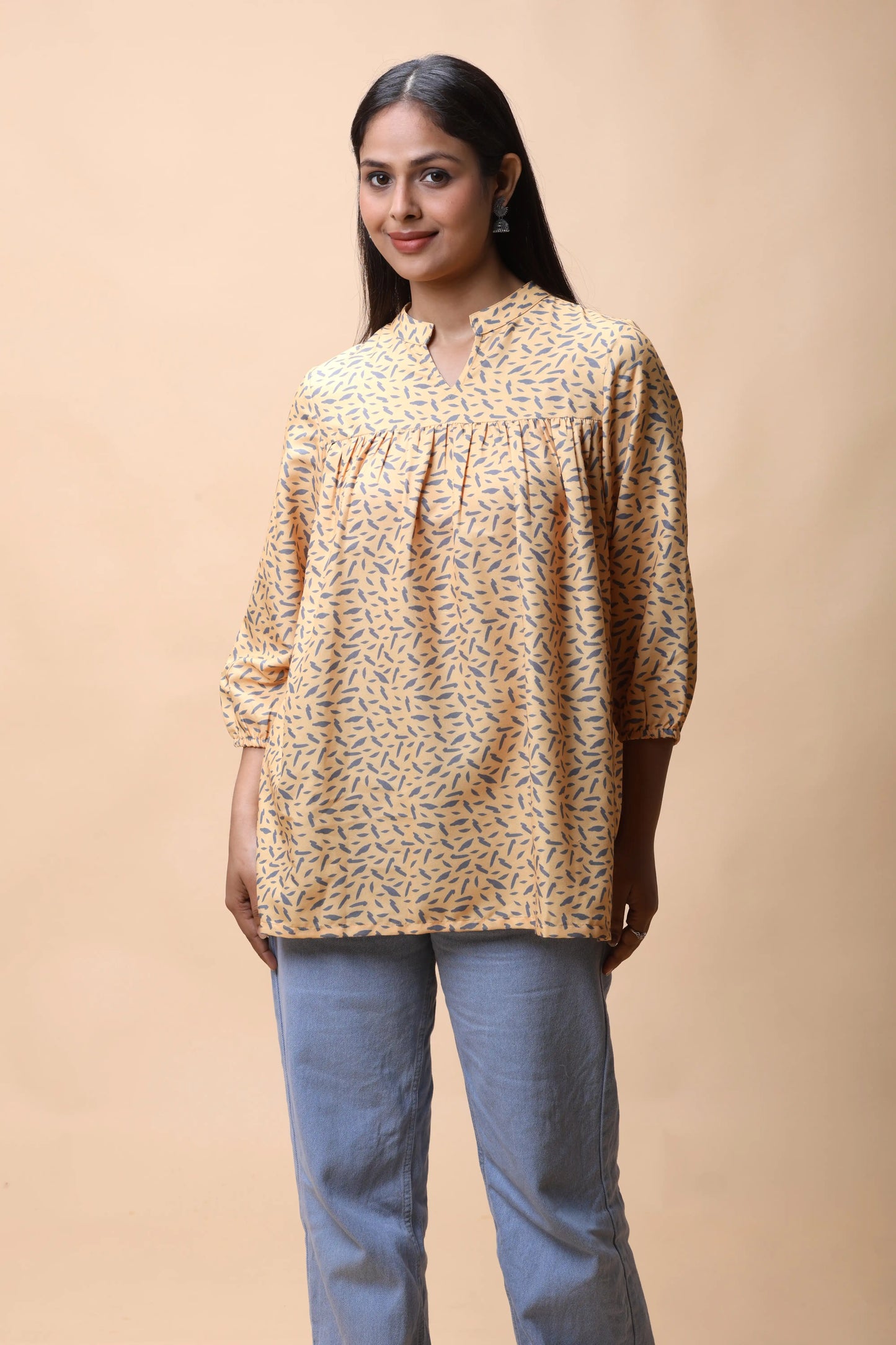 shop Yellow Empire Line Printed Short Kurti For Women online at allthere.in