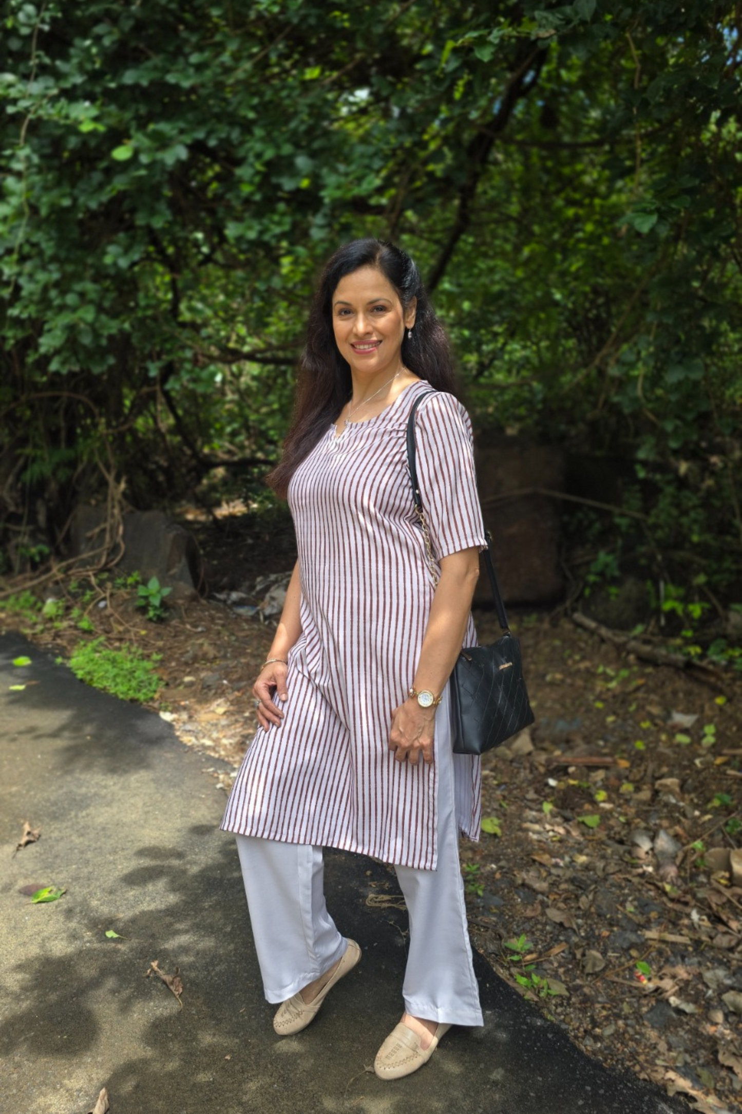 Brown Long Kurta With Notch Neckline And Beige Pants For Women
