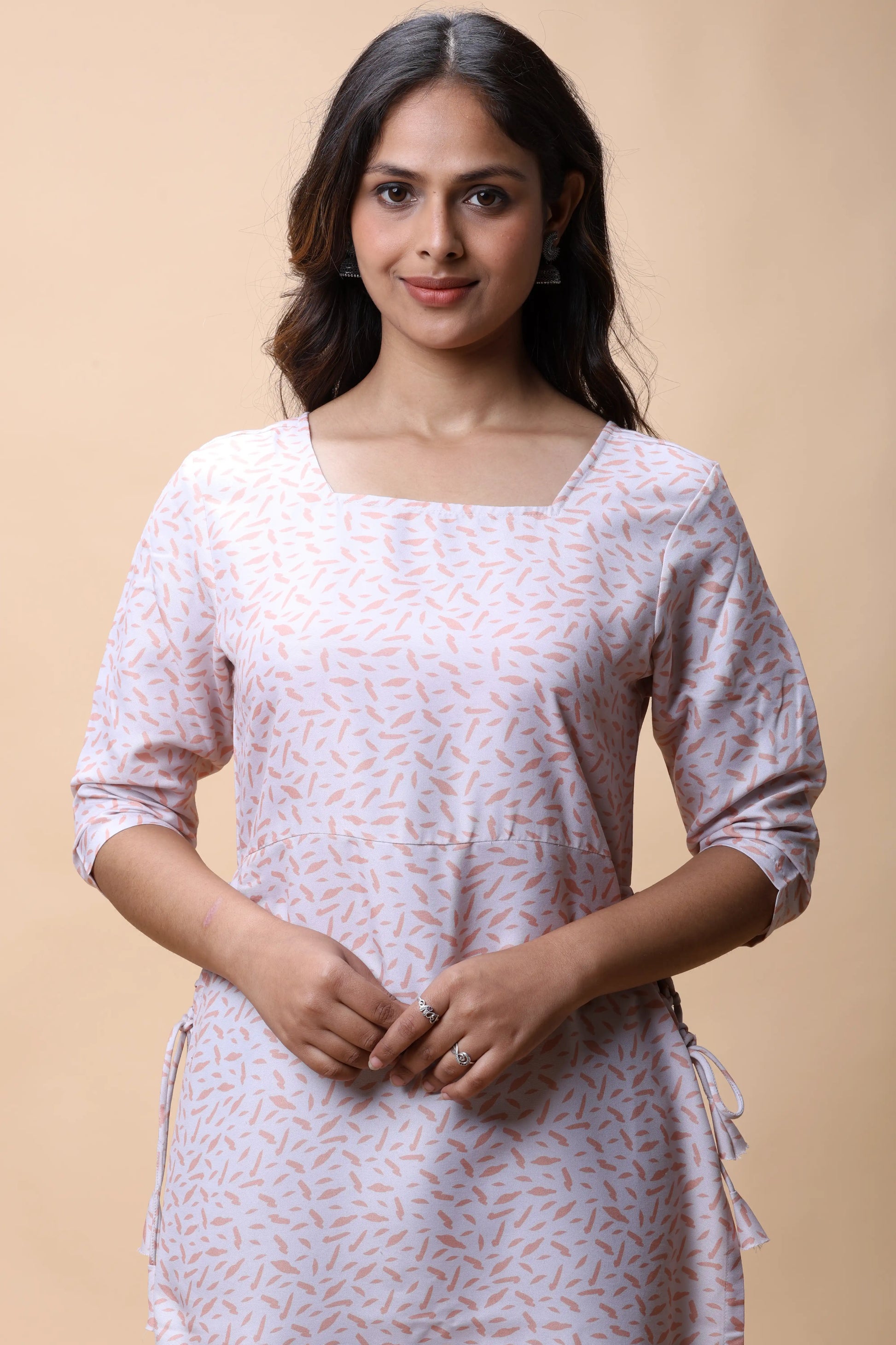 Shop Peach Printed Long Kurta With Drawstrings For Women online at allthere.in
