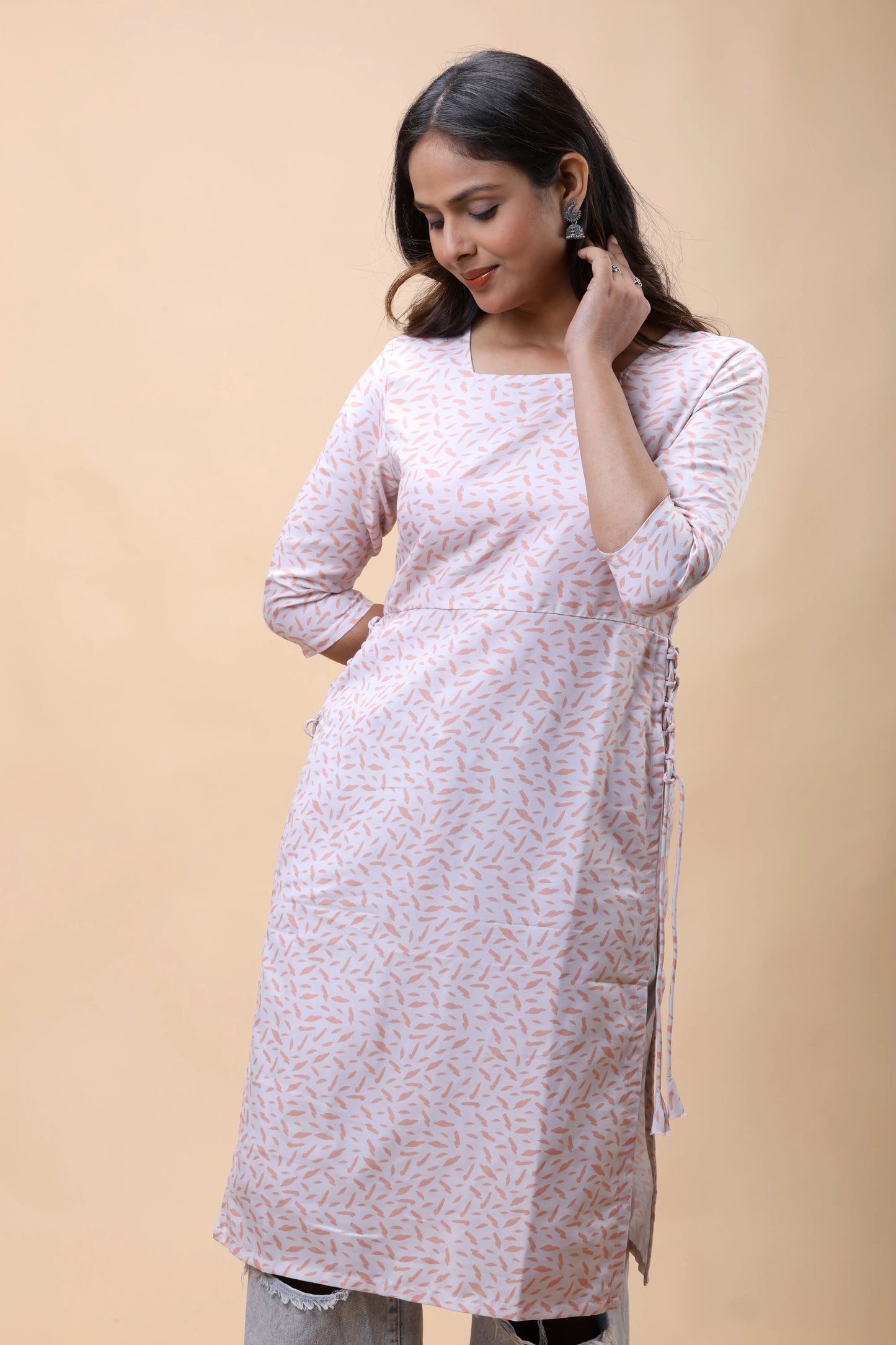 Shop Peach Printed Long Kurta With Drawstrings For Women online at allthere.in