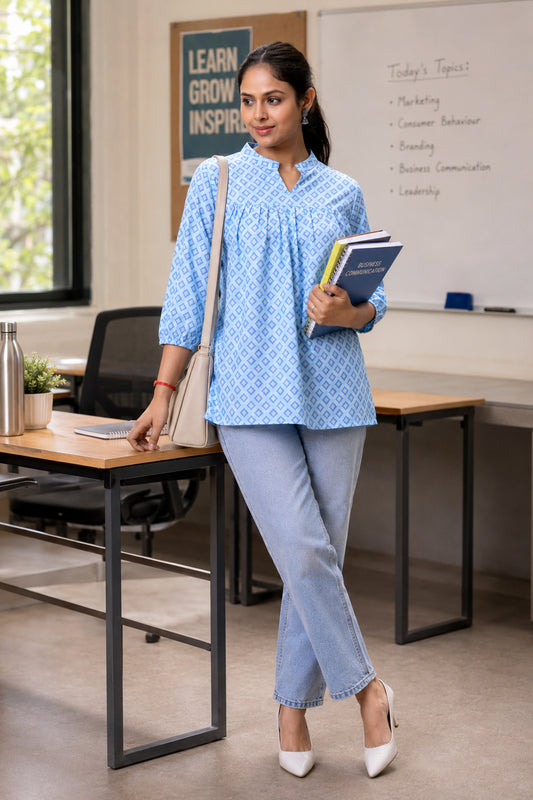 Aqua Blue Empire Line Printed Short Kurti For Women