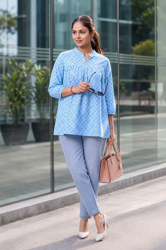 Aqua Blue Empire Line Printed Short Kurti For Women