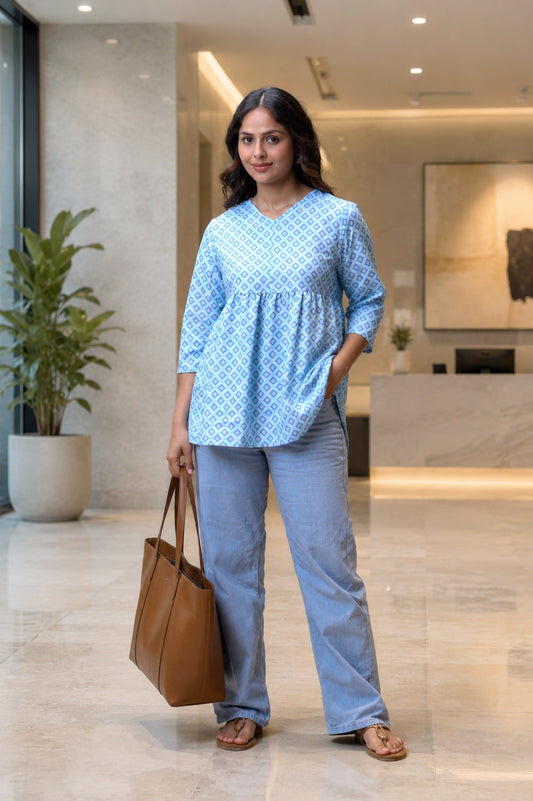 Aqua Blue Ikkat Print Peplum Short Kurti For Women