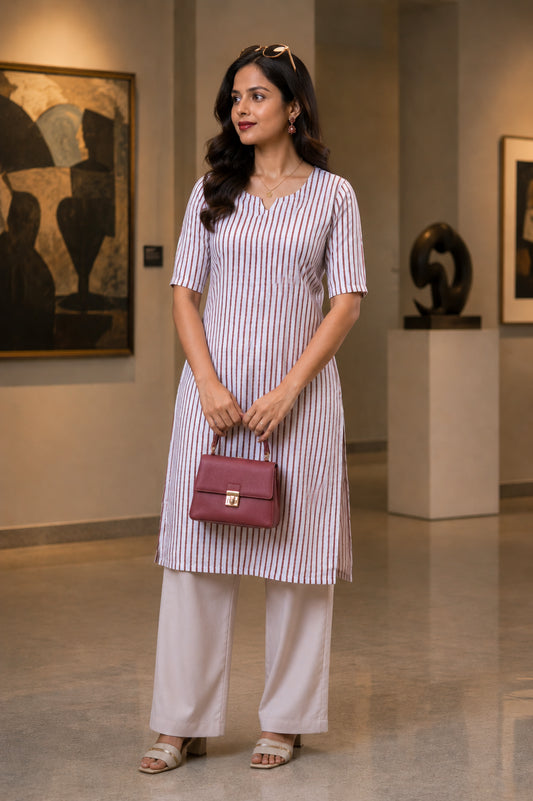Brown Long Kurta With Notch Neckline And Beige Pants For Women