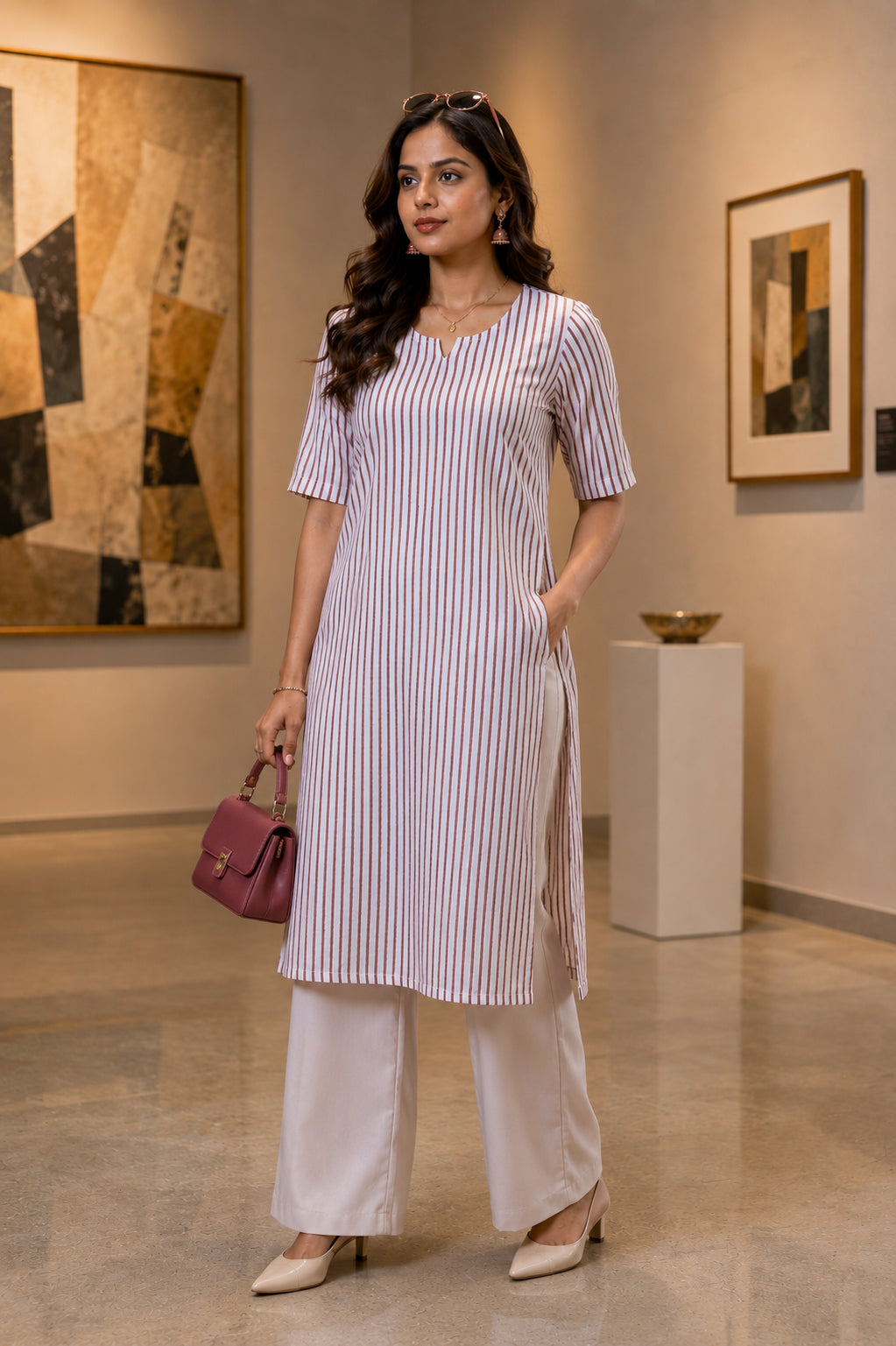 Brown Long Kurta With Notch Neckline And Beige Pants For Women