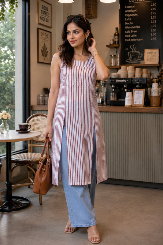 Brown Printed 2 Slit Long Kurta For Women