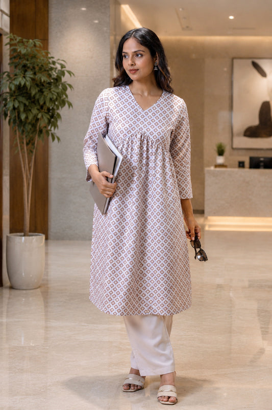 Light Brown Empire Line Printed Women Long Kurta Set
