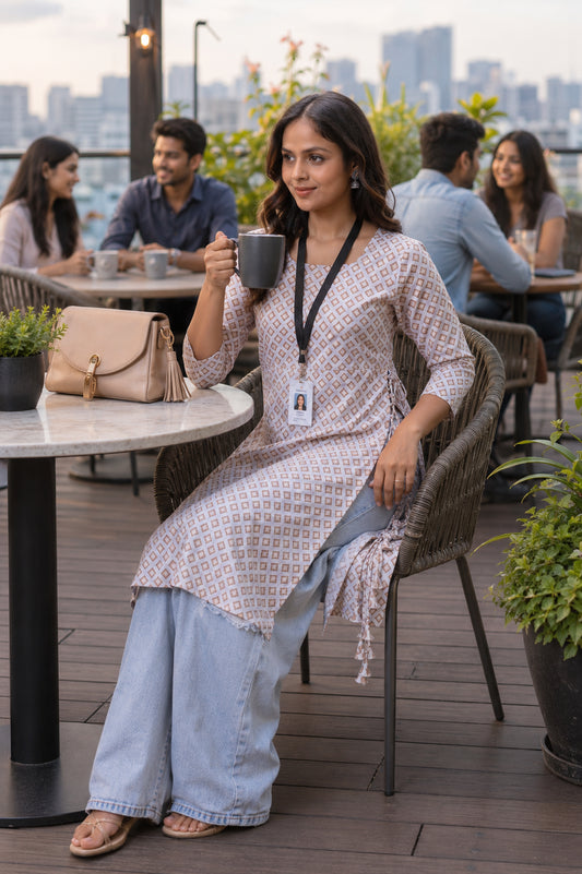 Light Brown Printed Long Kurta With Drawstrings For Women