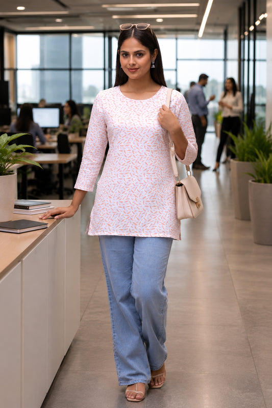 Peach Printed Basic Scoop Neck Short Kurti For Women