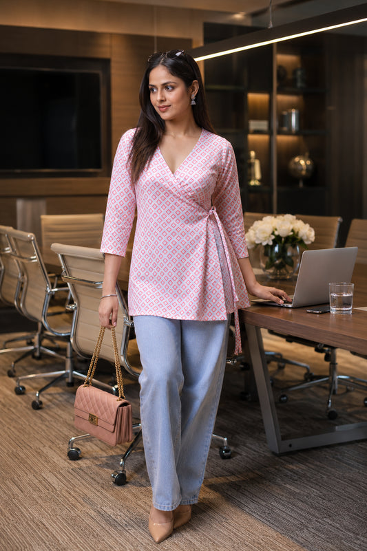 Pink Wrap Around Printed Short Kurti For Women