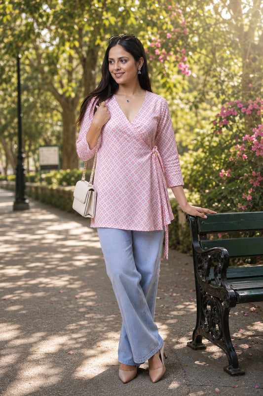 Pink Wrap Around Printed Short Kurti For Women