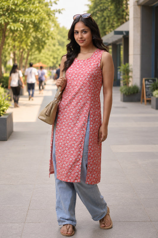 Rose Pink Printed 2 Slit Long Kurta For Women