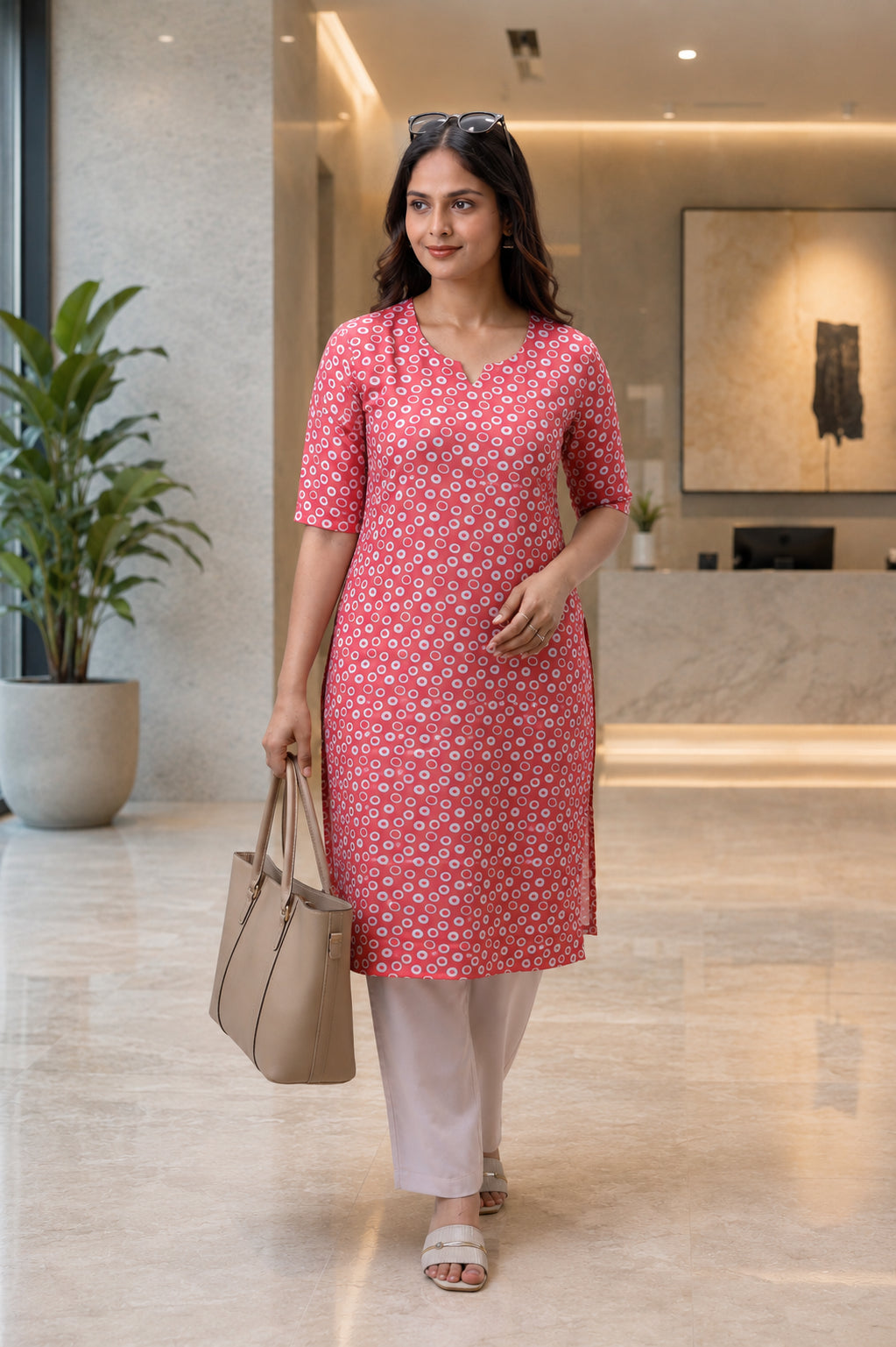 "The All There" rose pink full length kurta for women, perfect for pairing with jeans