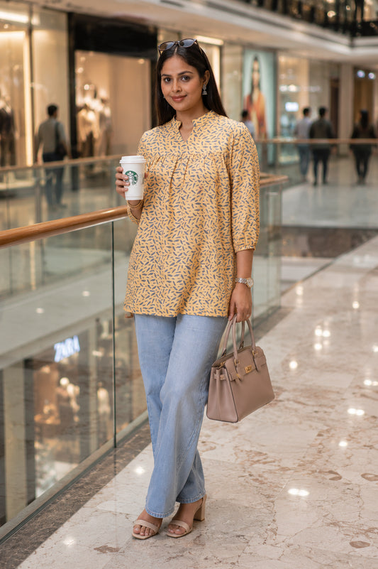 Yellow Empire Line Printed Short Kurti For Women