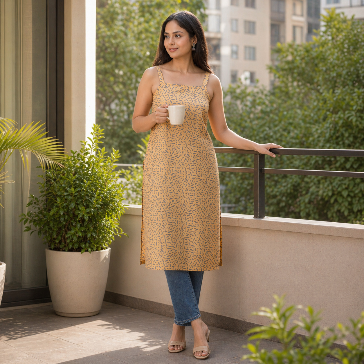 Yellow Basic Strap Printed Long Kurta For Women