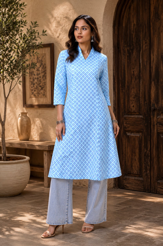 Aqua Blue A Line Printed Long Kurta For Women