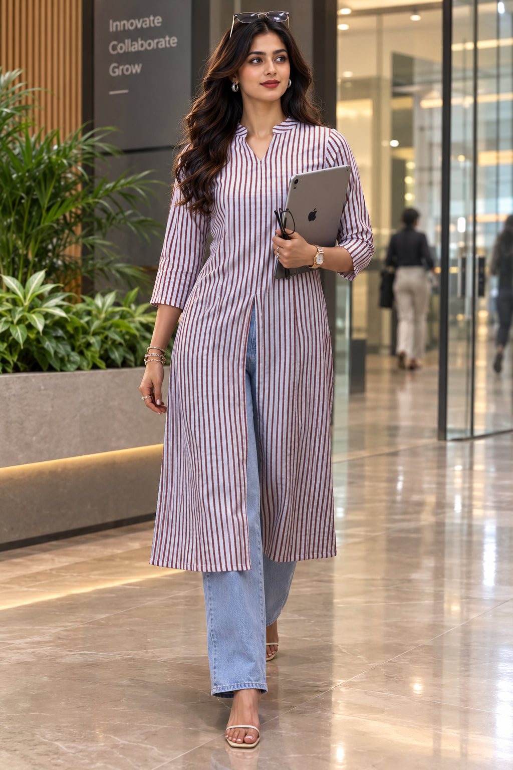 Brown Printed Front Slit Pocket Kurta for Women