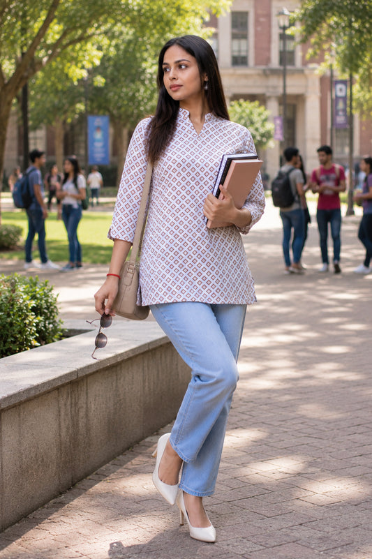 Light Brown Printed Short Kurti With Stand Collar For Women