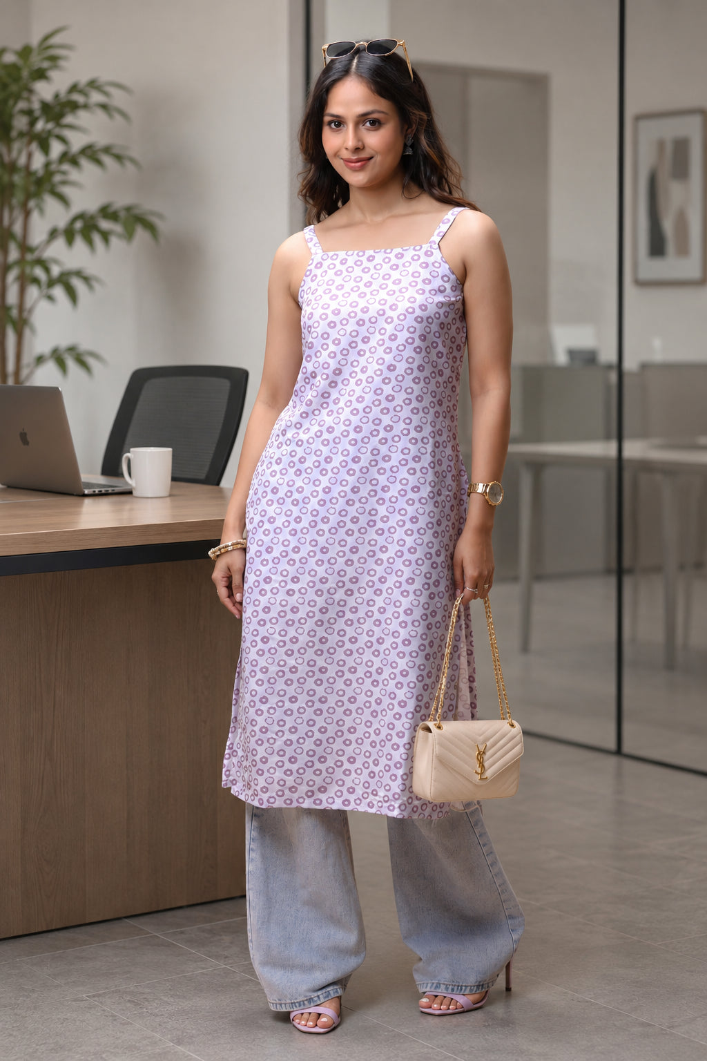 Purple Basic Strap Printed Long Kurta For Women