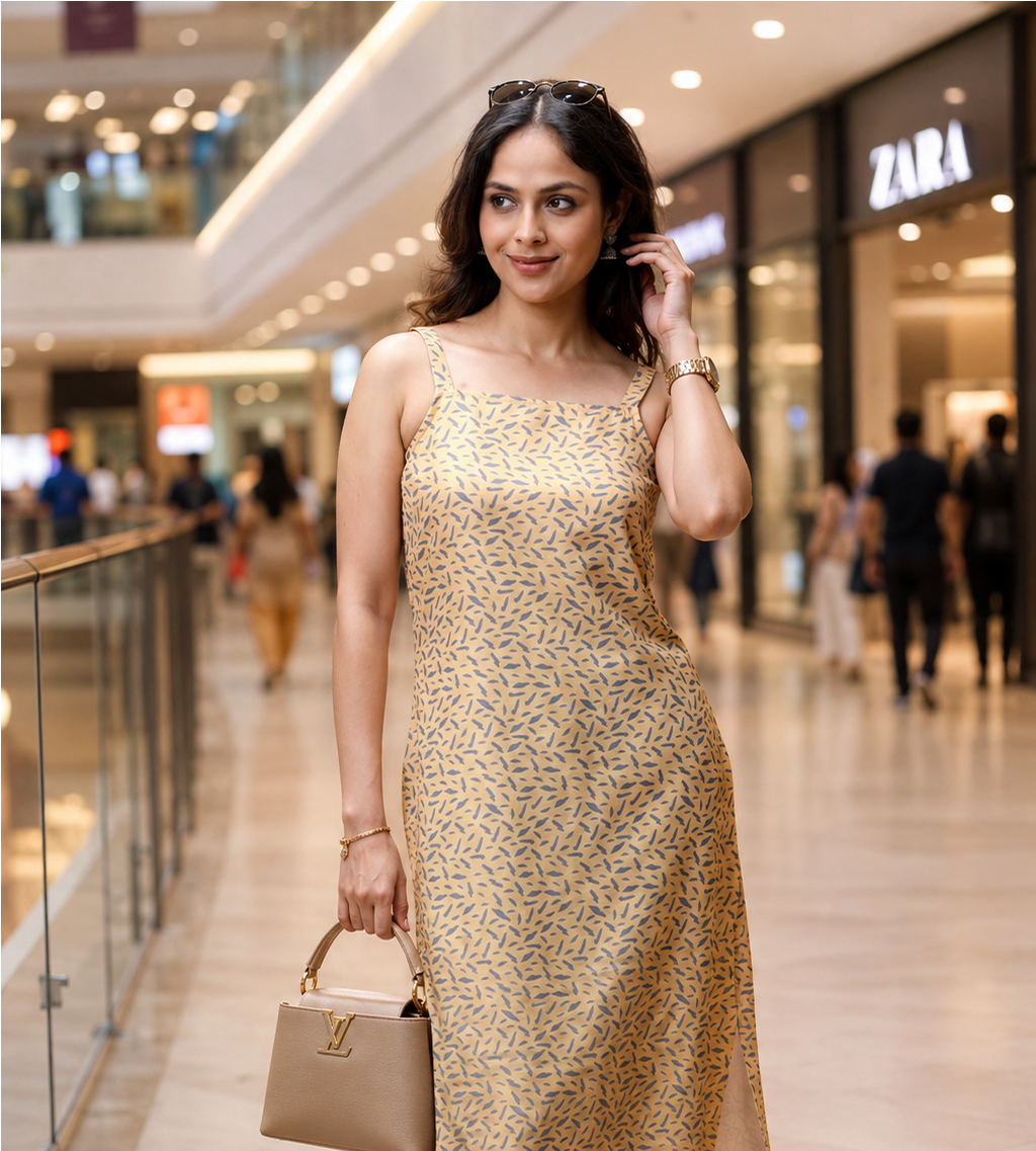 Yellow Basic Strap Printed Long Kurta For Women