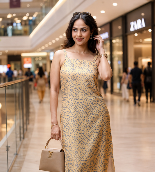 Yellow Basic Strap Printed Long Kurta For Women