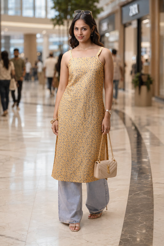 Yellow Basic Strap Printed Long Kurta For Women